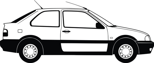 Silhouette of a compact two-door car with rear hatch and visible antenna, emphasizing sleek automotive design and simplicity