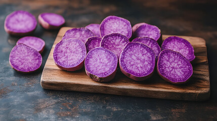 purple sweet potato on wooden cutting board