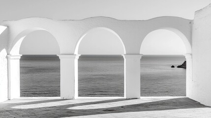 A black and white photograph of a white arched structure with columns, overlooking the ocean.