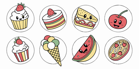 Cute Kawaii Cartoon Food Icons Colorful Circle Vector Set - Cupcake Cake Ice Cream Cherry Watermelon Sandwich Pizza