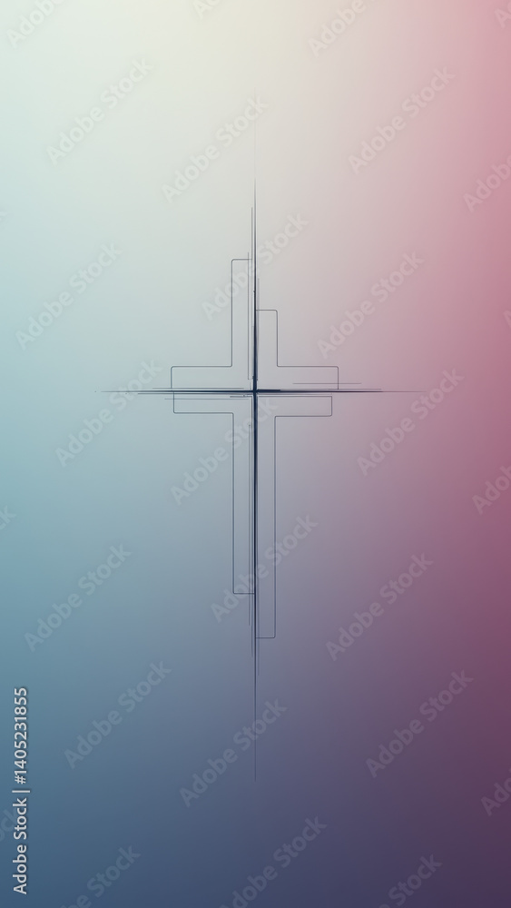 Poster a simple cross silhouette on a gradient background transitioning from pink to purple and light grey.