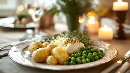 Festive Scandinavian Dining Experience Featuring Lutfisk with Rustic Potatoes and Peas in a Charming Setting