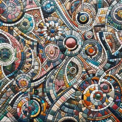 A mosaic tile background made of colorful, geometric shapes with intricate textures and patterns.