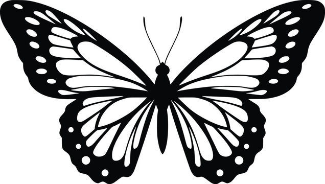Black silhouette of a butterfly with intricate wing patterns, showcasing symmetry and delicate elegance in a minimalistic vector design
