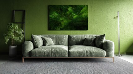 Green living room with sofa & art