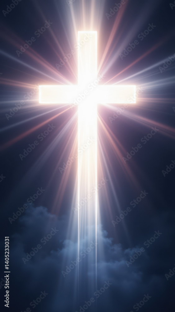 Poster illustration of a christian cross with rays of light shining from behind, symbolizing divine illumin
