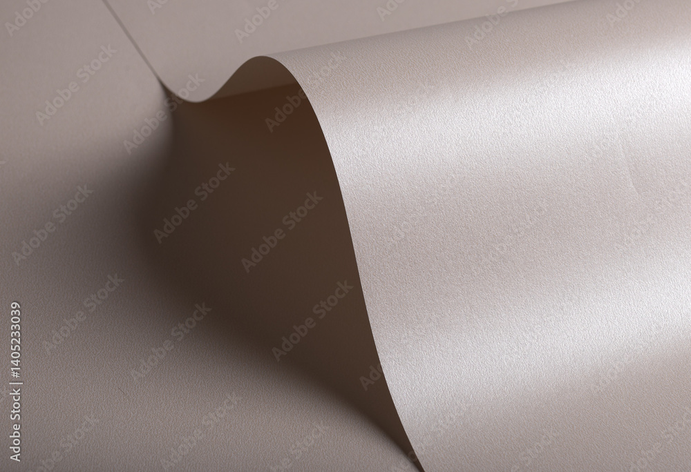 Poster Paper background with satin pearlescent texture. Glossy curved folds, smooth sculptural surface in pale gold and champagne hue, elegant abstract design with gentle flow and sheen..