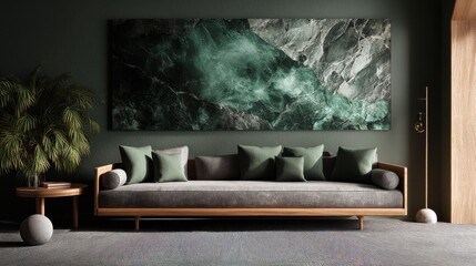 Modern living room with a long sofa and a large green artwork.