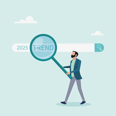 Character using magnifying glass to discover website. Researching 2025 trends, vision of new business or career opportunity. Vector illustration.	