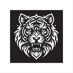 Tribal Tiger Head Vector Illustration – Fierce Black and White Animal Logo Design