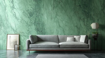 Grey couch against a green marble wall.