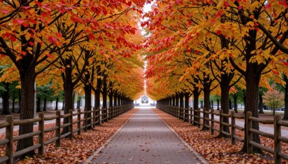 Autumn walk through vibrant tree-lined path city park photography natural setting perspective seasonal beauty