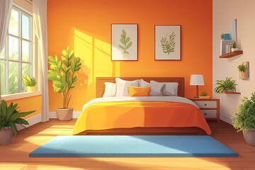 Modern Cozy Bedroom Interior Design with Orange Decor and Indoor Plants