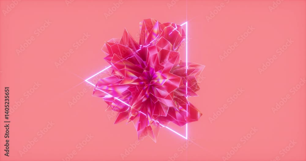Poster abstract 3d crystal fractal gem with neon light background. 4k seamless loop animation.