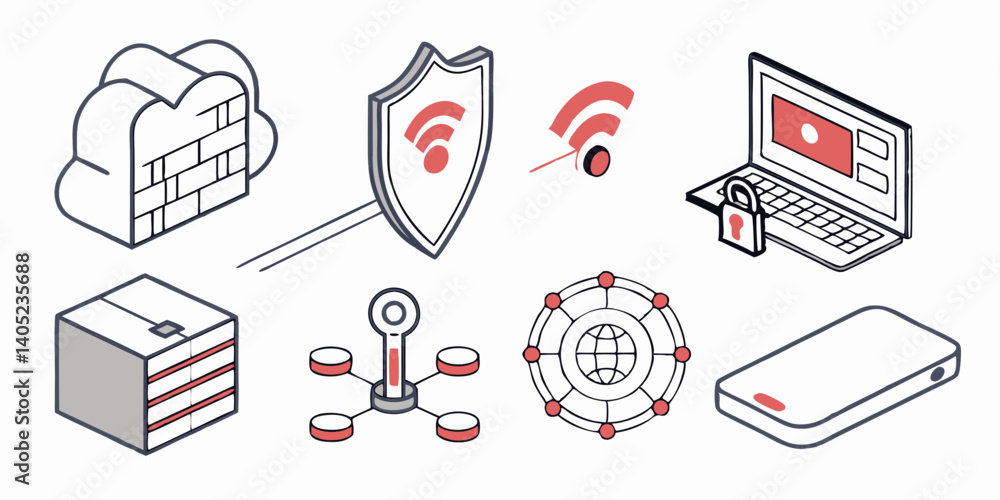 Poster isometric network security icons cloud firewall wifi laptop server router hard drive data protection