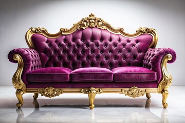 Regal Couch: A luxurious, ornate sofa of deep purple hue with intricate gold embellishments, radiating opulence and comfort in a striking, high-quality composition.