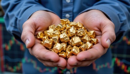 Fototapeta premium Holding gold nuggets financial market photography indoor close-up wealth concept