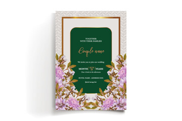 WEDDING INVITATION FRAME WITH FLOWER DECORATIONS AND FRESH LEAVES