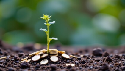 Growing green investments seedling surrounded by coins in nature close-up view on economic growth concept