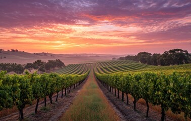 Obraz premium Vineyard Landscape at Sunrise with Colorful Sky in Barossa Valley