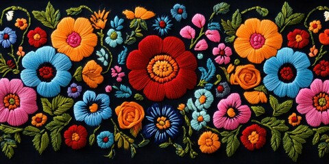 Colorful embroidery of flowers on dark fabric showcasing intricate stitching and vibrant designs