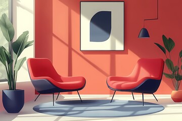 Modern Interior Design with Red Chairs, Abstract Artwork & Potted Plants in a Cozy Living Room
