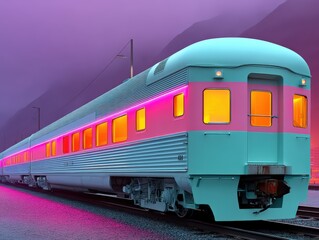 Fototapeta premium Evening Train Journey on Railroad Tracks with Passenger Car Rolling