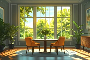 Modern Home Interior Design. Bright, Cozy Style with Green Plants and Contemporary Decor