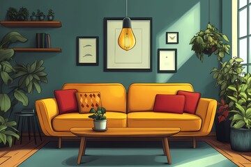 Inviting Modern Living Room with Vibrant Yellow Couch and Elegant Interior Decor