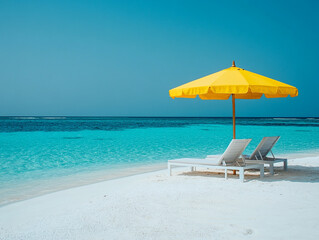 Fototapeta premium Two chairs and a yellow umbrella on a pristine white sandy beach overlooking clear turquoise waters under a bright blue sky with fluffy white clouds 