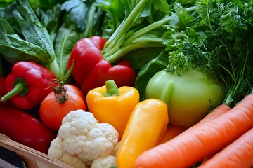 Fresh vegetables including peppers carrots cauliflower and leafy greens displayed together.