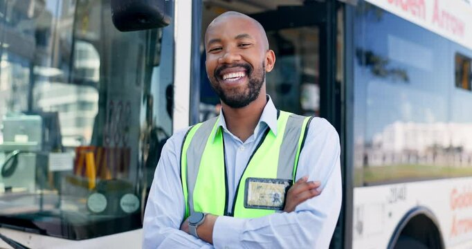 Arms crossed, bus and face of driver black man outdoor at stop for public transportation or service. Coach travel, confident and smile of employee in city or urban town for journey or trip on vehicle