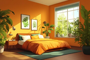 Modern Bedroom Interior Design with Orange Walls and Natural Light Featuring Plants and Cozy Bedding
