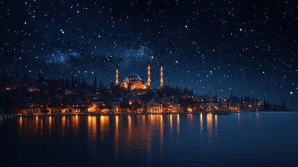 Obraz premium View to Eminonu pier and Suleymaniye mosque across Bay of Golden Horn on starry night