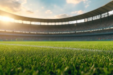 Empty stadium, sunset over green field
