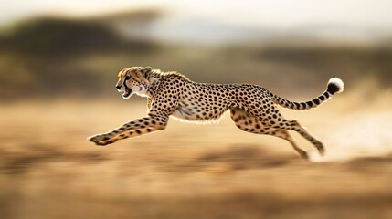 Fototapeta premium Fast-moving cheetah in a golden savanna.
