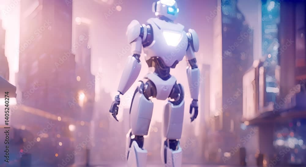 Poster white robot exploring digital interface in futuristic city environment artificial intelligence handl