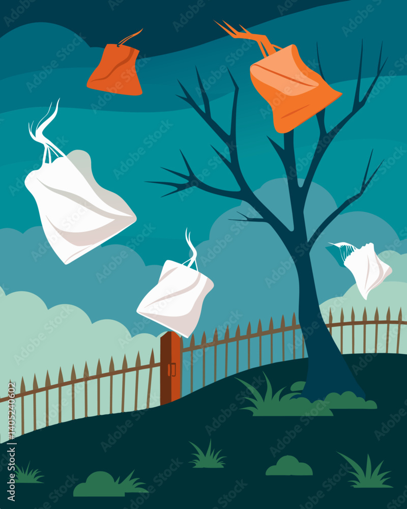 Poster plastic grocery bags blowing in the wind caught on tree branches and fences creating a strange and u