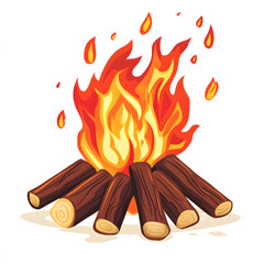 Campfire illustration with burning logs and flames.