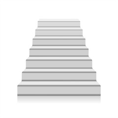 White staircase realistic illustration, isolated on white background. White stairs blank mockup. Front view of white staircase. Steps up. A symbol of the Achievements. Front view of white staircase

