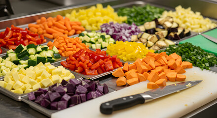 Assorted Freshly Cut Vegetables Displayed On Tray With Kitchen Knife