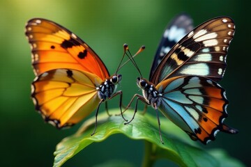 Fototapeta premium Close-up of two butterflies, showcasing intricate wing patterns , fauna, insects, detail