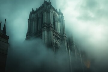 Gothic cathedral shrouded in a dense fog.