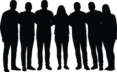 Silhouettes of seven individuals standing in a row, symbolizing unity, teamwork, and collective identity in a minimalist composition