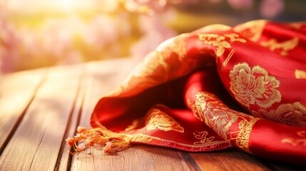 Fototapeta premium Vibrant red silk scarf with golden embroidery symbolizes youth and hope, set against blooming cherry blossoms. 