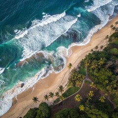 Overhead Photo of Crashing Waves on the Shoreline Beach