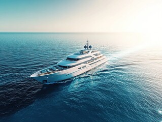 Fototapeta premium Luxury yacht sailing on turquoise ocean with bright sun and clear blue sky, minimalist composition, tranquil seascape,
