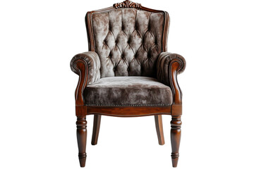 Fototapeta premium Elegant antique armchair dark wood frame with plush gray velvet upholstery button tufting detail isolated on black