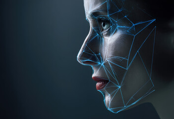 Obraz premium A woman's profile shows intricate geometric patterns of light overlaying her face, creating a digital effect in a dark environment