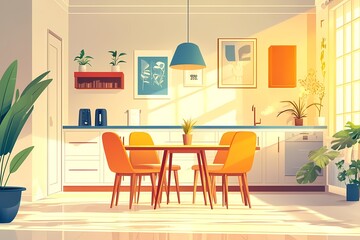 Modern Colorful Kitchen Interior Design with Natural Light and Vibrant Decor - Stylish Urban Living Space